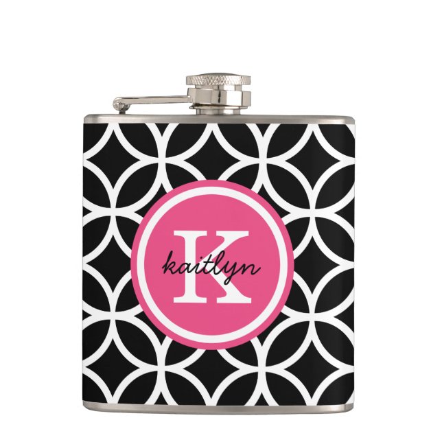Black and Pink Geometric Diamonds Custom Monogram Hip Flask (Front)