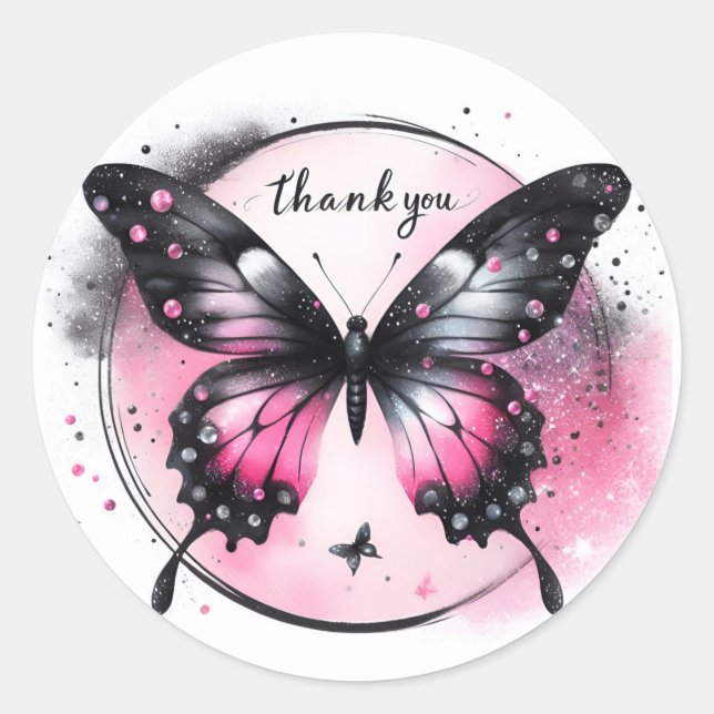 Black and Pink Glitter Butterfly - Thank you - Classic Round Sticker (Front)
