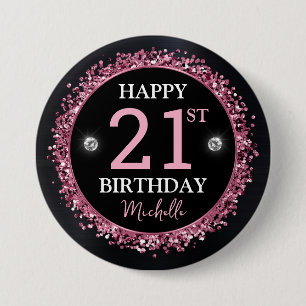 Black and Pink Glitter Confetti Birthday 7.5 Cm Round Badge