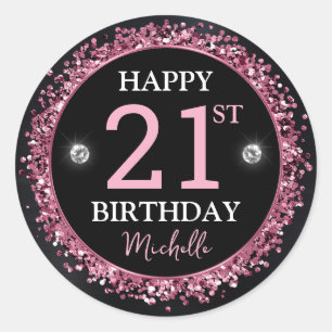 Black and Pink Glitter Confetti Birthday Classic Round Sticker