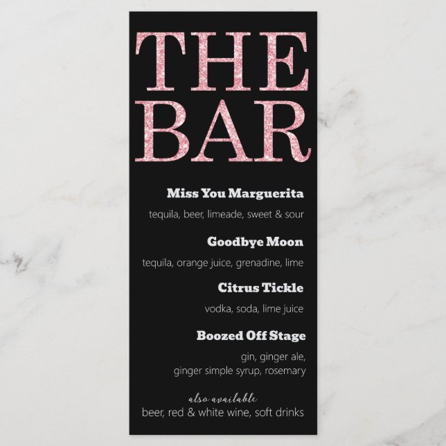 Black and Pink Glitter Drinks Menu for The Bar (Front)