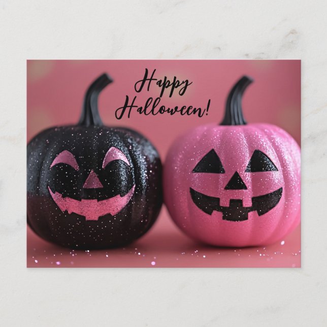 Black and Pink Glitter Halloween Greeting Card (Front)
