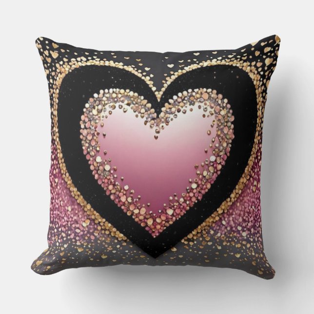 Black and Pink Glitter Heart Throw Pillow | Stylis (Front)