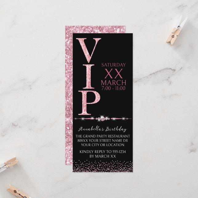 Black and Pink Glitter VIP Ticket Invitation (Front/Back In Situ)