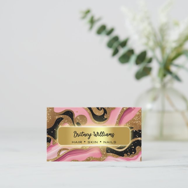 Black and pink Gold Agate Business Card (Standing Front)