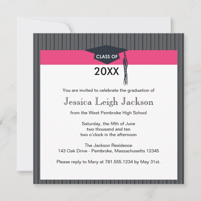 Black and Pink Graduation Cap Invitation (Front)