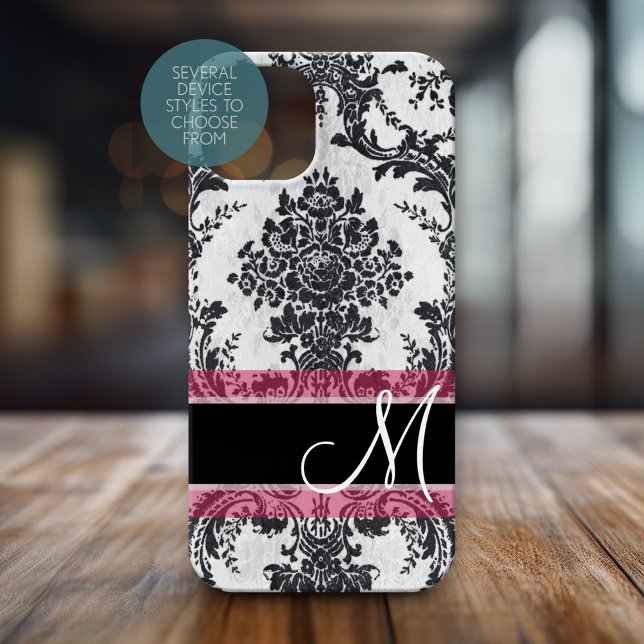 Black and Pink Grunge Damask Pattern Monogram (Personalized Phone Case with Huge Monogram)