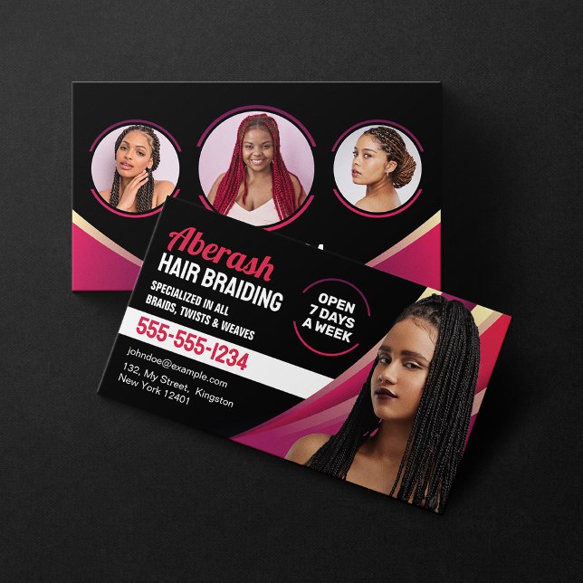 Black and Pink Hair Braiding Salon Add Photo Business Card (Creator Uploaded)