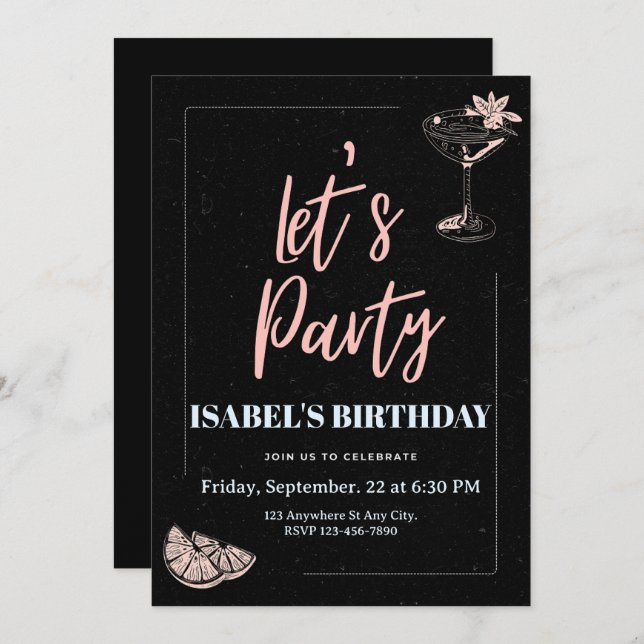 Black and Pink Illustrated Birthday Invitation (Front/Back)