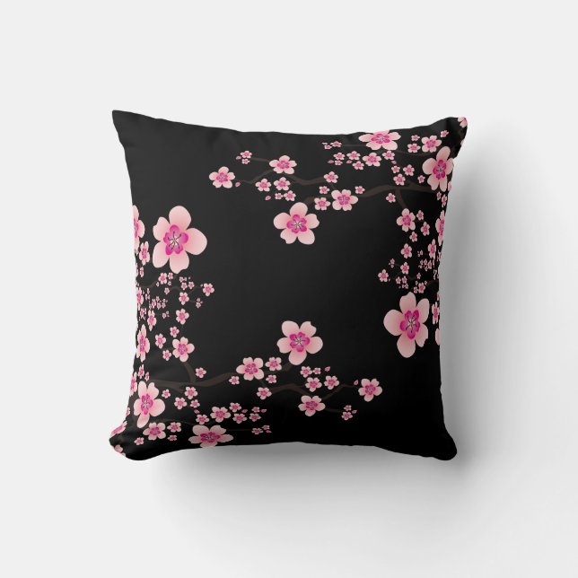 Black and Pink Japanese Cherry Blossom Cushion (Front)