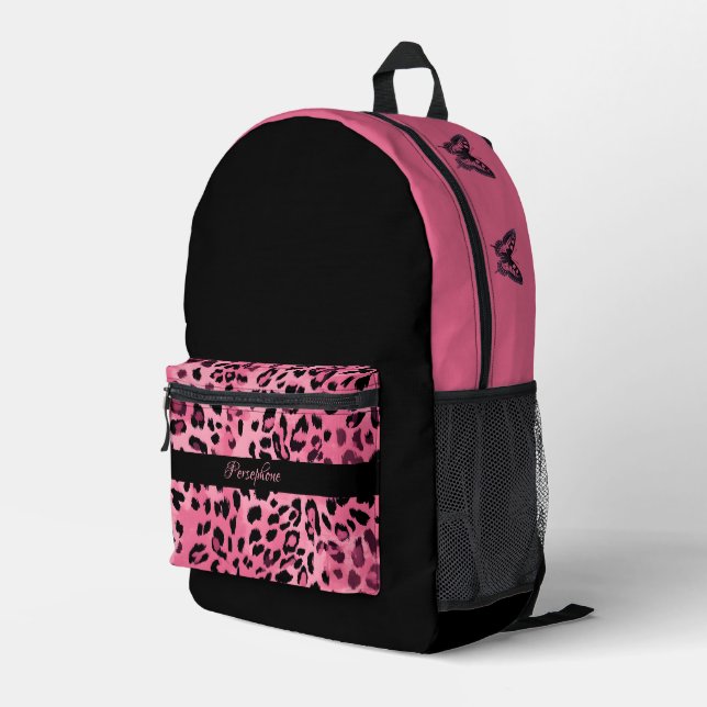 Black and pink leopard pattern butterfly printed backpack (Back Corner Right)