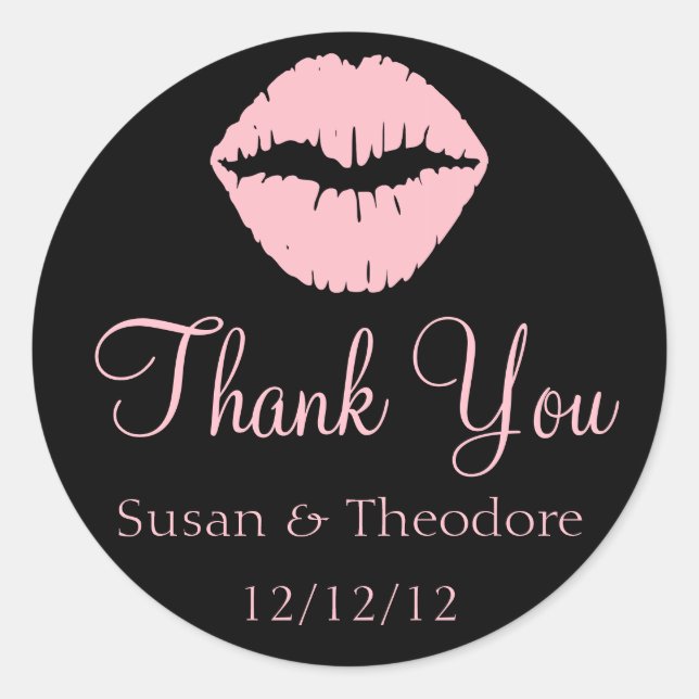 Black and Pink Lips Thank You Classic Round Sticker (Front)
