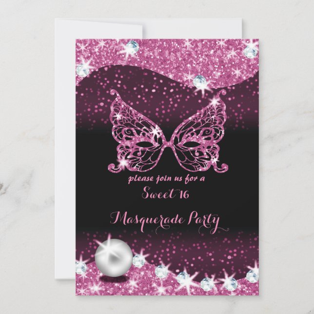 black and pink masquerade sweet 16 with pearl invitation (Front)