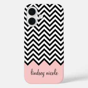 Black and Pink Modern Chevron Custom Monogram iPhone 16 Case