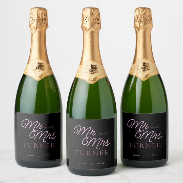 Black and Pink Mr and Mrs Wedding Sparkling Wine Label (Bottles)