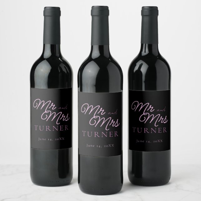 Black and Pink Mr and Mrs Wedding Wine Label (Bottles)