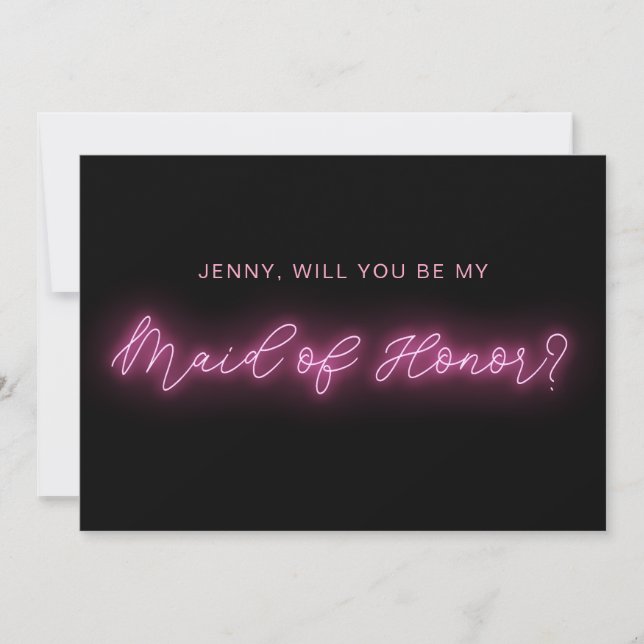 Black and Pink Neon Glow Light Maid of honour card (Front)