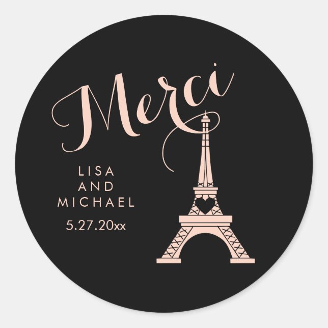 Black and Pink Paris Eiffel Tower Wedding Merci Classic Round Sticker (Front)