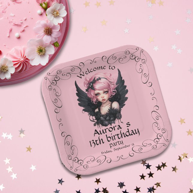 Black And Pink Pastel Goth Fairy 13th Birthday Paper Plate (Creator Uploaded)