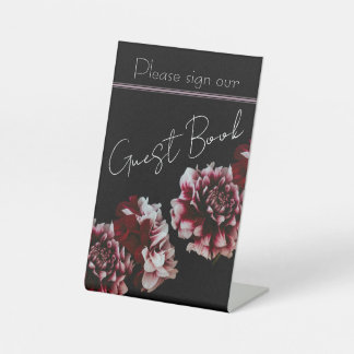 Black and Pink Peonies Wedding Foil Guestbook Pedestal Sign