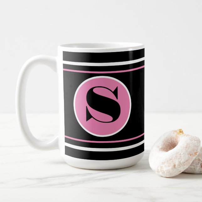 Black and Pink Personalise Modern Monogram Coffee Mug (With Donut)