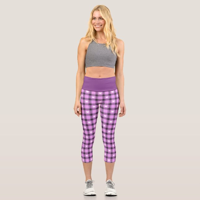 Black and Pink Plaid with white Chequered Hearts  Capri Leggings (Front)