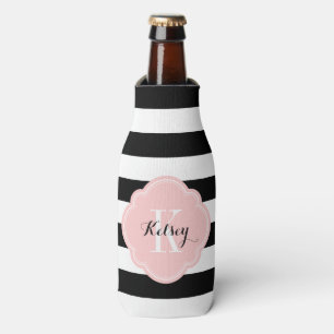 Black and Pink Preppy Stripes Monogram Bottle Cooler