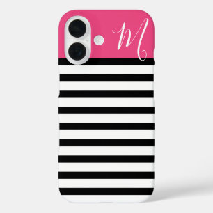 Black and Pink Preppy Stripes Monogram iPhone 16 Case