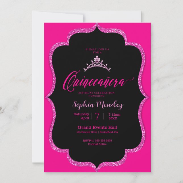 Black and pink Quinceanera Invitation (Front)