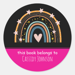 Black and pink rainbow kids name classic round sticker