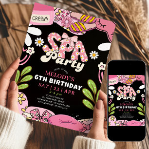 Black and Pink Retro Daisy Spa Party Birthday Invitation