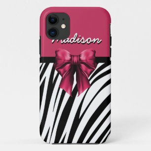 Black and Pink Ribbon Bow Zebra Print iPhone 11 Case
