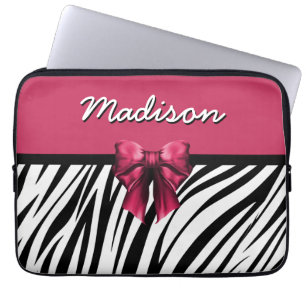Black and Pink Ribbon Bow Zebra Print Laptop Sleeve