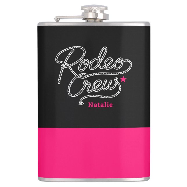 Black and Pink Rodeo Crew Western Bachelorette Hip Flask (Front)