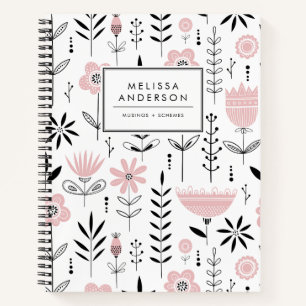 Black and Pink Scandinavian Floral Pattern Notebook