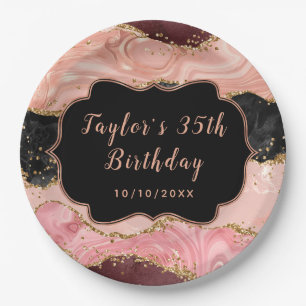 Black and Pink Sequins Agate Birthday Paper Plate