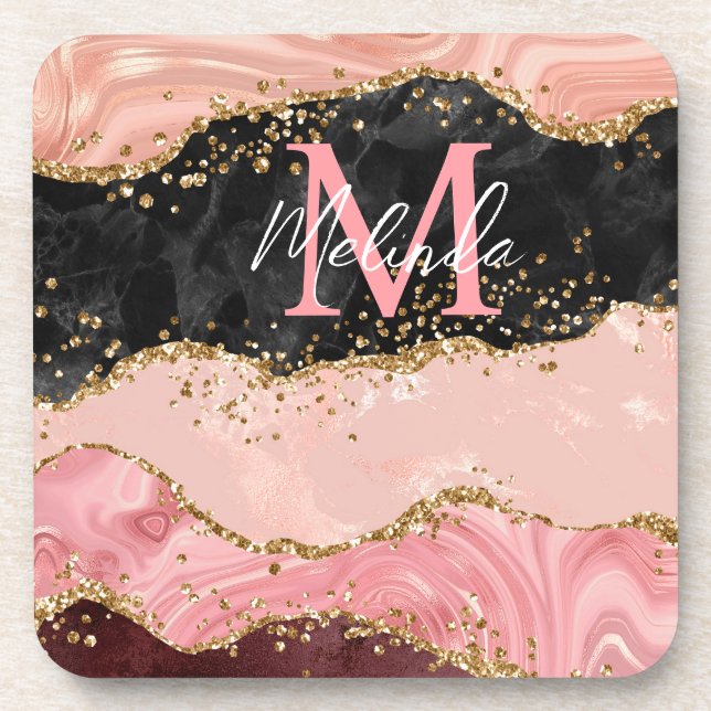 Black and Pink Sequins Agate Coaster (Front)