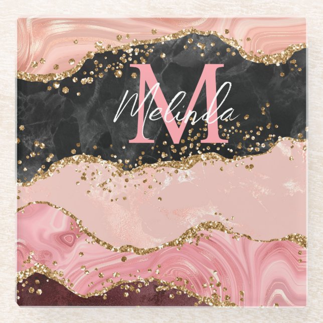 Black and Pink Sequins Agate Glass Coaster (Front)