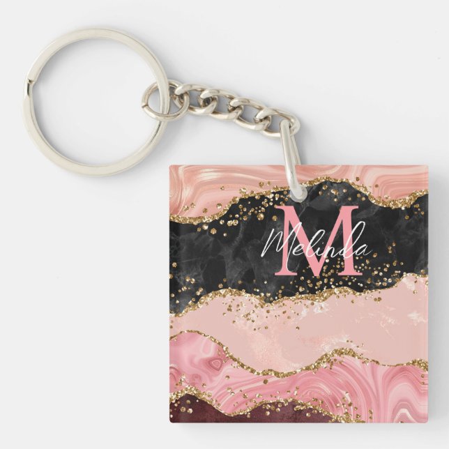 Black and Pink Sequins Agate Key Ring (Front)