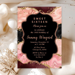 Black and Pink Sequins Agate Sweet Sixteen Invitation