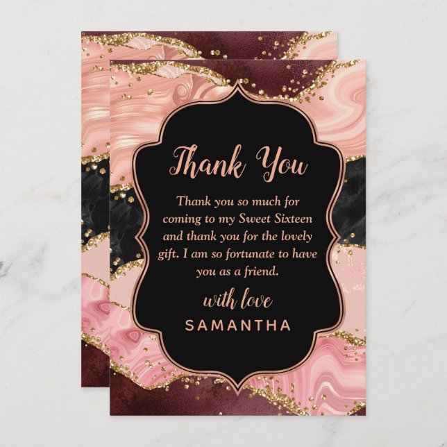 Black and Pink Sequins Agate Sweet Sixteen Thank You Card (Front/Back)