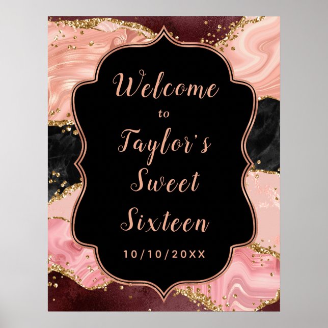 Black and Pink Sequins Agate Sweet Sixteen Welcome Poster (Front)