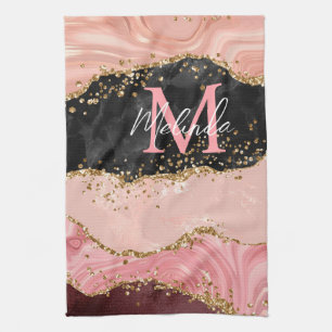 Black and Pink Sequins Agate Tea Towel