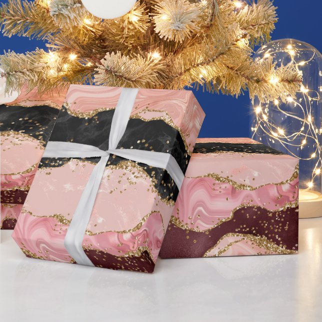 Black and Pink Sequins Agate Wrapping Paper (Holidays)