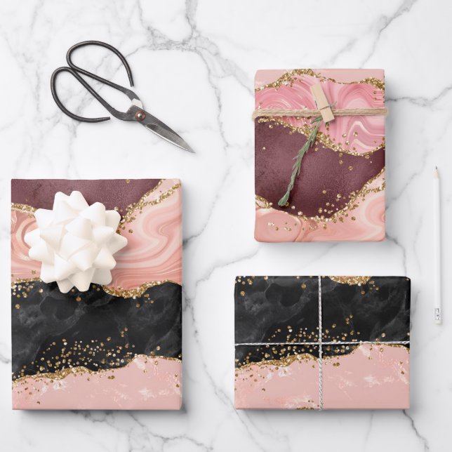 Black and Pink Sequins Agate Wrapping Paper Sheet (Front)
