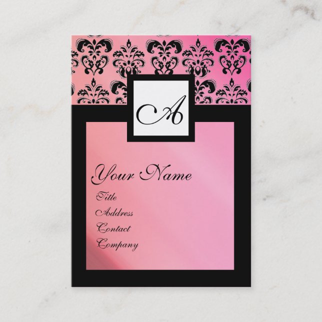 BLACK AND PINK SILK DAMASK SQUARE MONOGRAM BUSINESS CARD (Front)