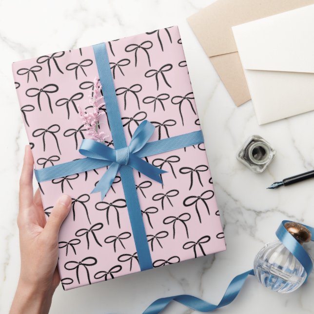 Black and Pink Simple Bows Pattern Wrapping Paper (Gifting)