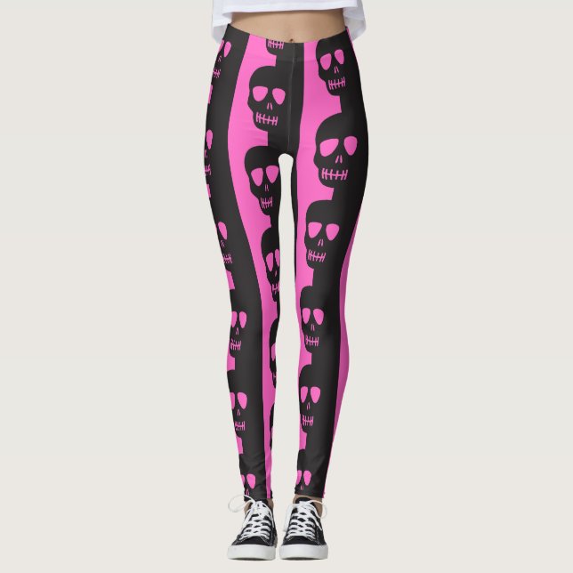 Black and pink Skulls pattern Leggings (Front)