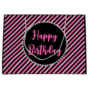Black and Pink Stripes and Diamonds Birthday Large Gift Bag