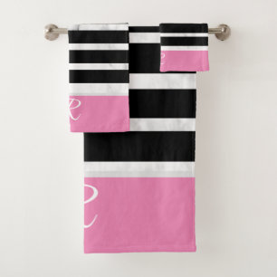 Black and Pink Stripes Marble Style Monogram Bath Towel Set
